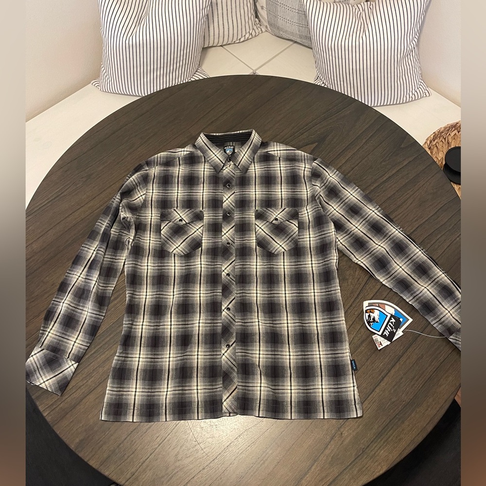 Kuhl men’s Large black pearl Snap plaid flannel shirt BRAND NEW